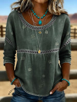 Women's Vintage Print Casual 3/4 Sleeves Hollow Denim Shirt