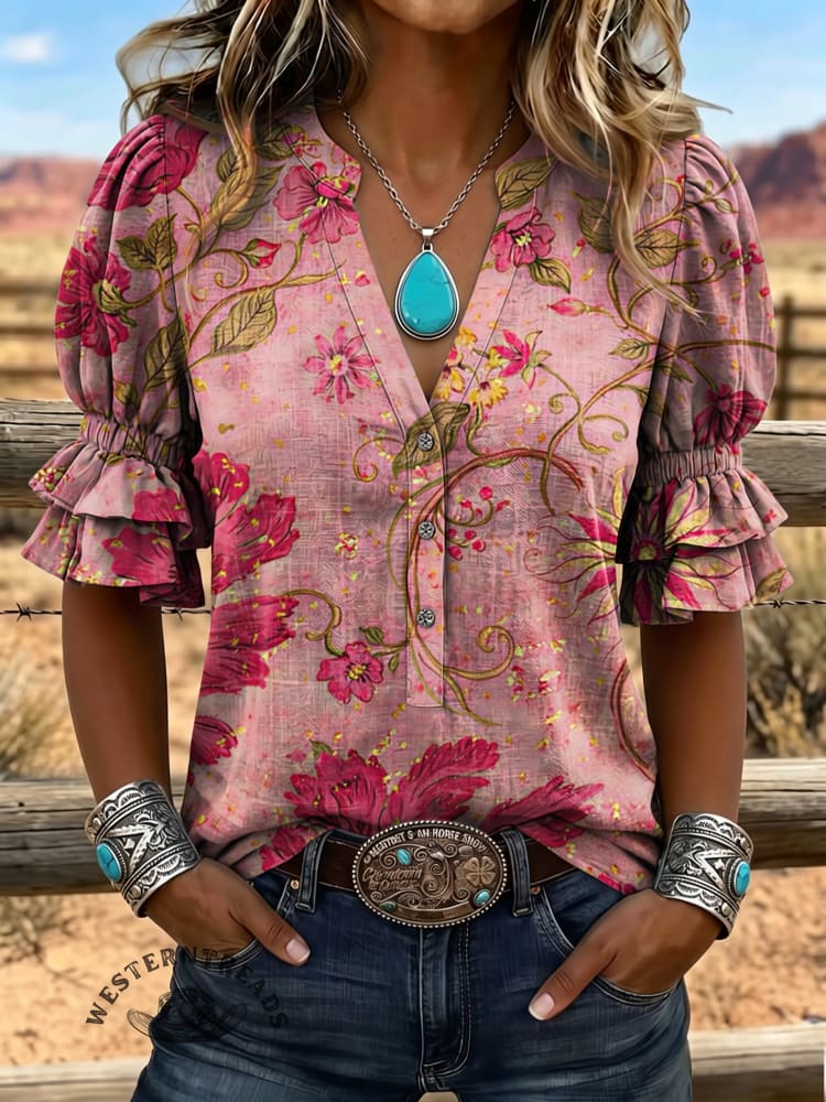 Women's Paisley Art Puff Sleeve Casual Shirt