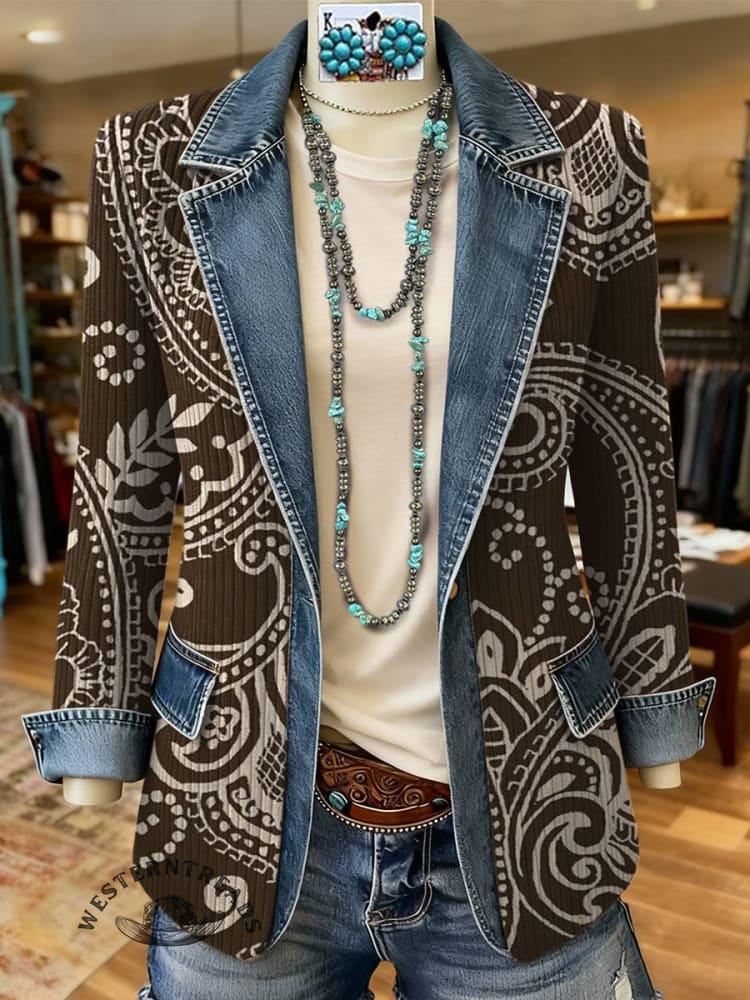 Paisley Print Patchwork Denim Sweater