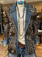 Paisley Print Patchwork Denim Sweater