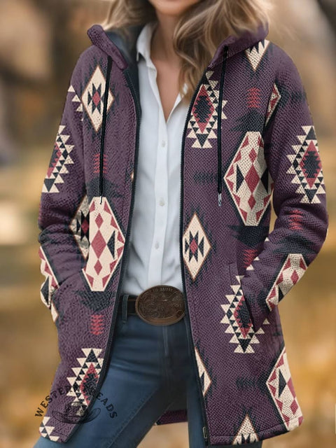 Aztec Print Unisex Plush Thick Long-Sleeved Cardigan Coat