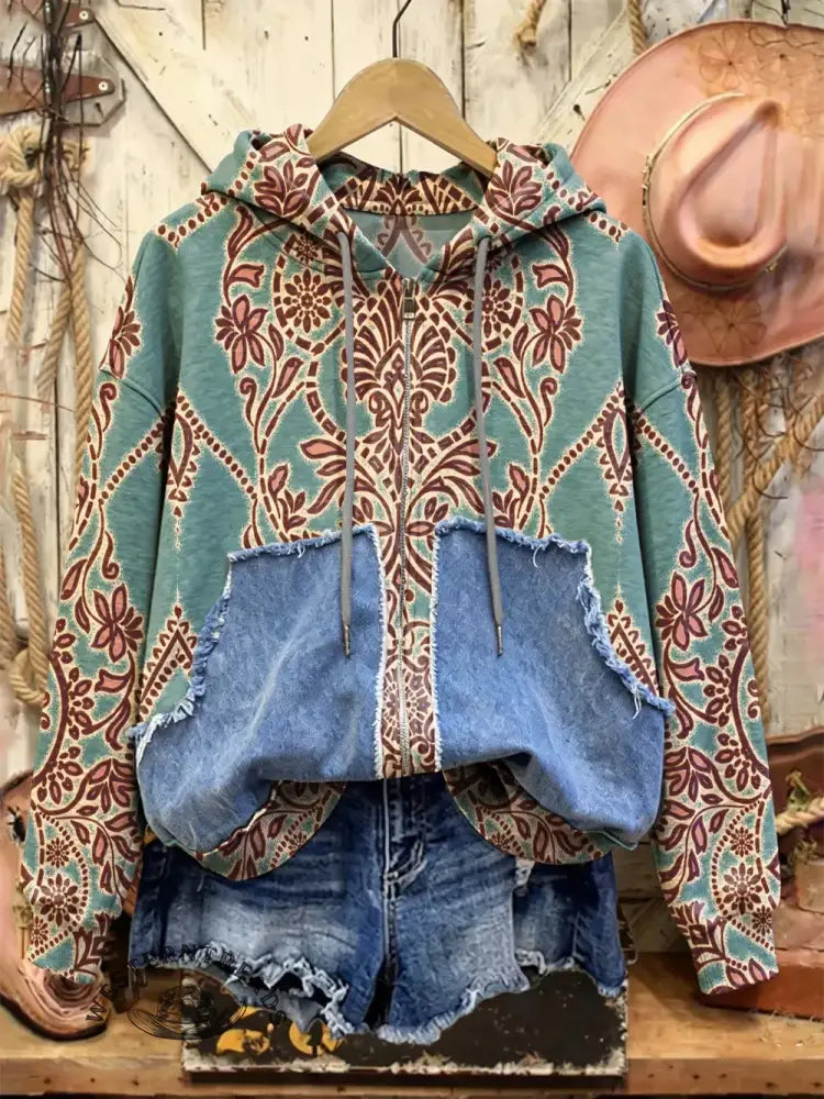 Retro Print Casual Cotton Patchwork Hooded Zip-up Sweatshirt