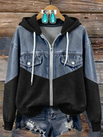 Casual Patchwork Denim Hooded Zip-up Cotton Sweatshirt