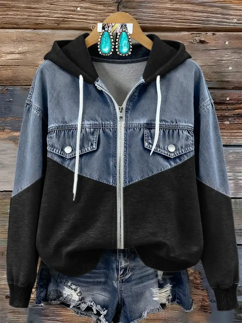 Casual Patchwork Denim Hooded Zip-up Cotton Sweatshirt