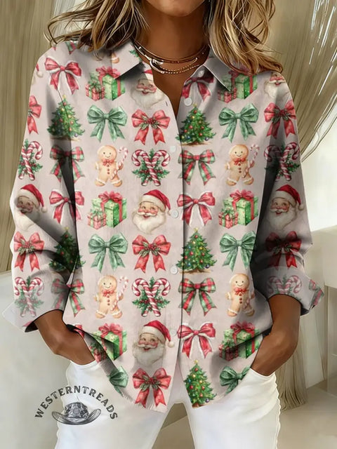 Women's Christmas Print Casual Cotton Shirt