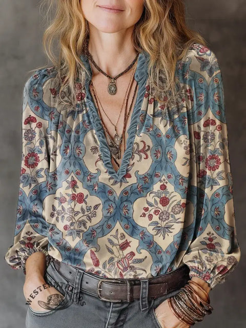 Women's Retro Plaid Floral Print Casual Cotton Shirt