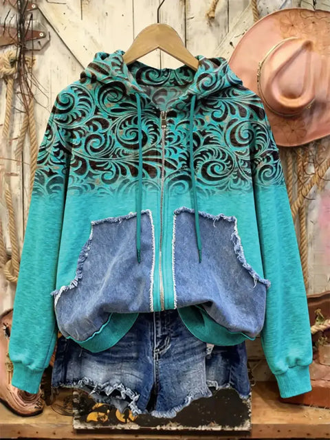 Retro Western Print Casual Cotton Patchwork Hooded Zip-up Sweatshirt