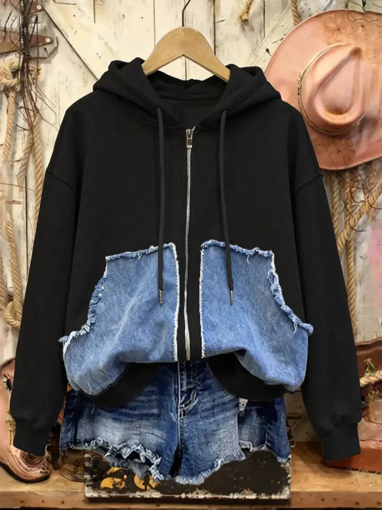 Retro Casual Cotton Patchwork Hooded Zip-up Sweatshirt