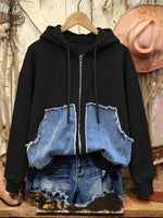 Retro Casual Cotton Patchwork Hooded Zip-up Sweatshirt