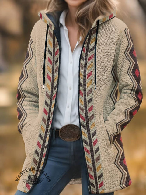 West Print Unisex Plush Thick Long-sleeved Cardigan Coat