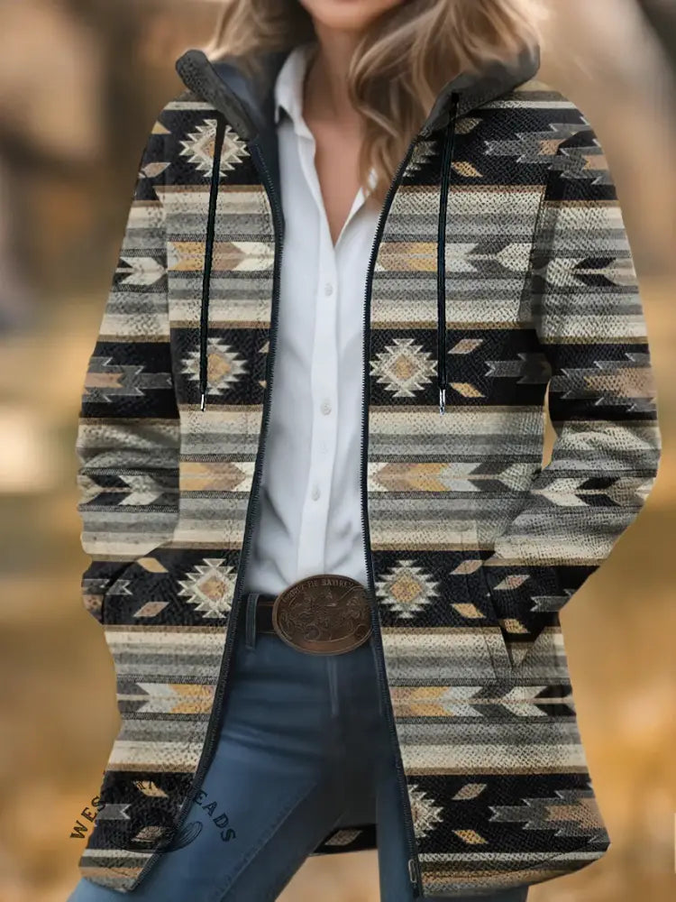 Aztec Print Unisex Plush Thick Long-Sleeved Cardigan Coat