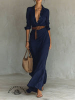 Long Sleeve Half Button Turndown Collar Ruched Belt Maxi Dresses