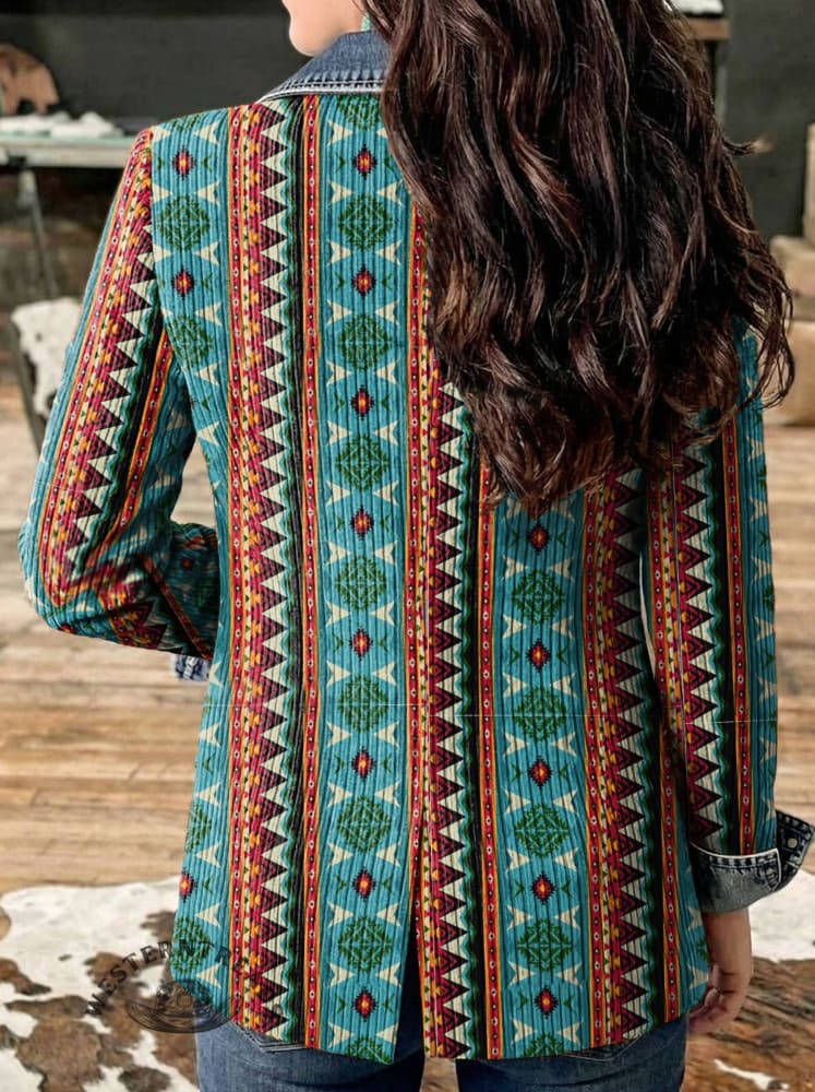 Aztec Print Patchwork Denim Sweater