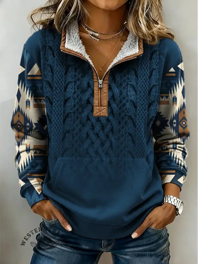 Retro Aztec Knitted Pattern Print Casual Half-zip Cotton Patchwork Sweatshirt