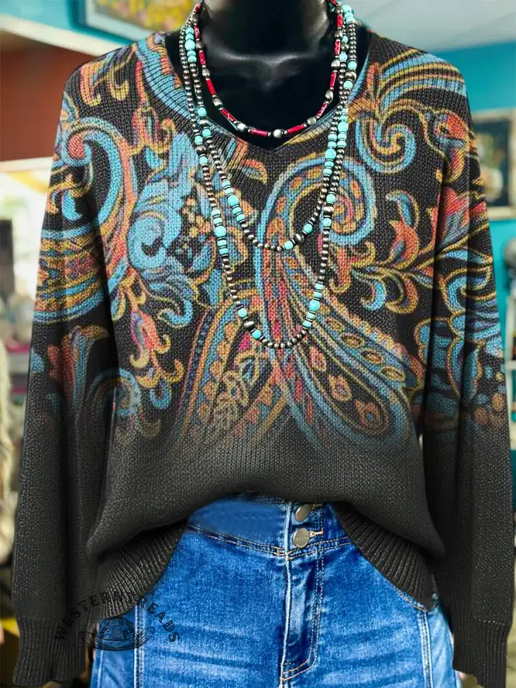 Vintage Paisley Art Print Casual V-Neck Sweater