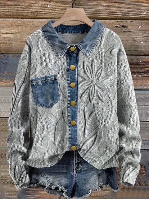 3d Flower Vision Print Patchwork Denim Knit Pullover Sweater