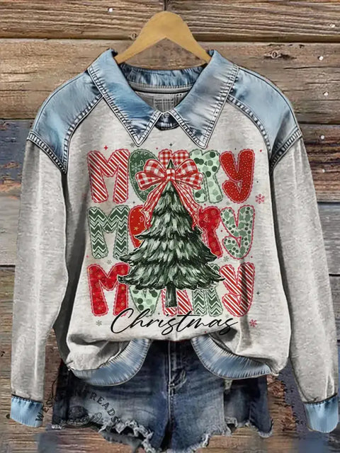 Merry Christmas Print Casual Denim Patchwork Sweatshirt