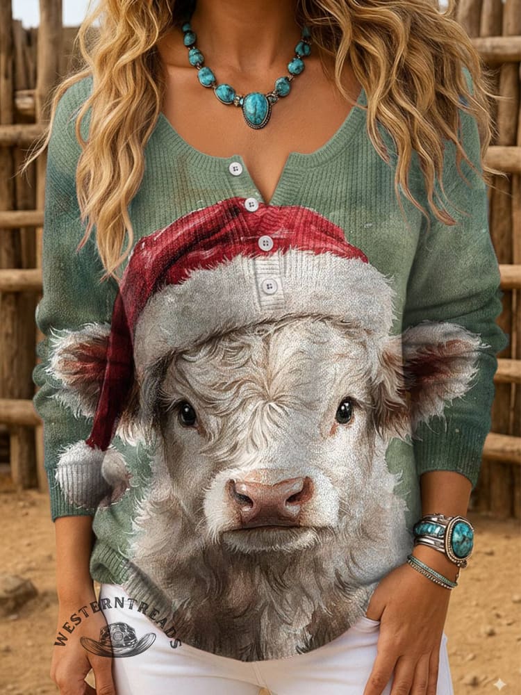 Christmas Cattle Print Buttoned Cardigan Sweater