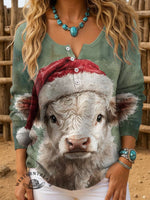 Christmas Cattle Print Buttoned Cardigan Sweater
