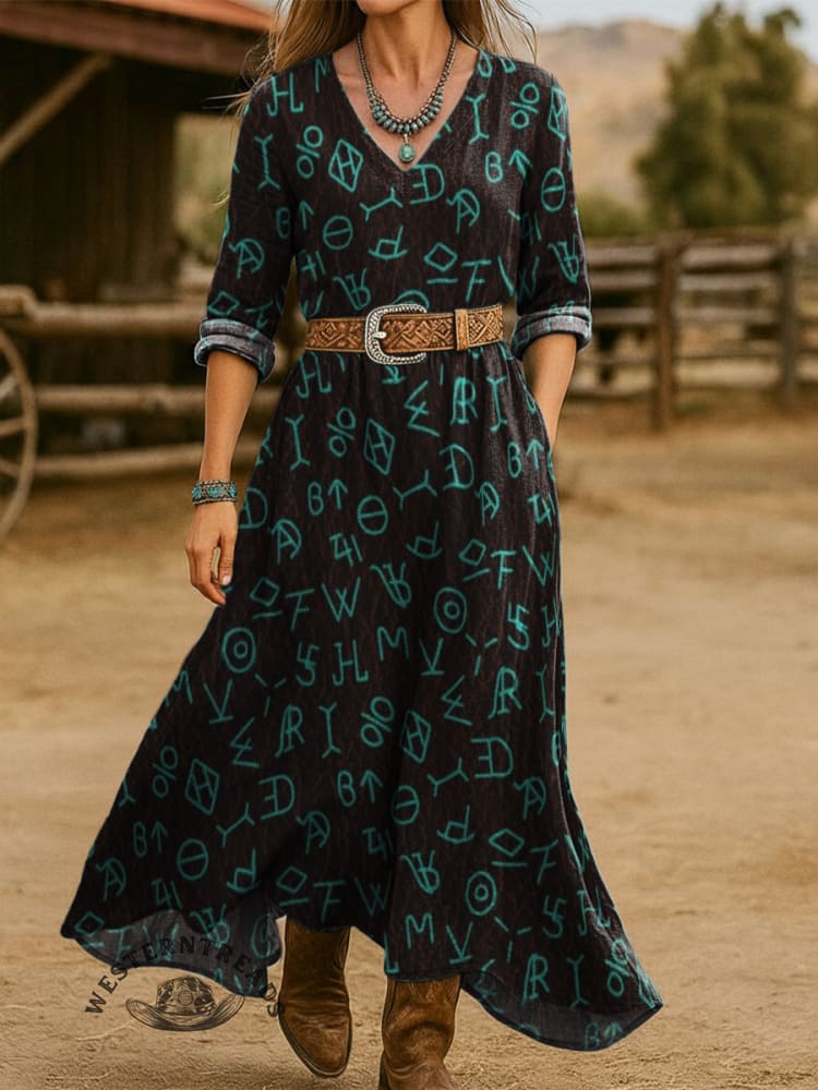 Women's Vintage Aztec Print Cotton Pocket Dress