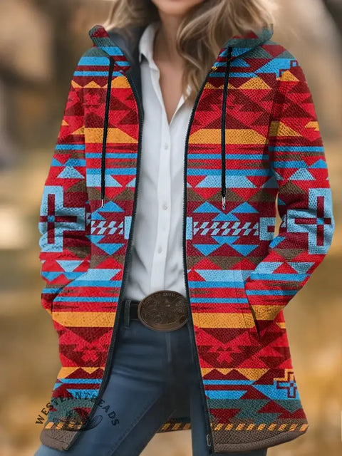 Colorful Aztec Unisex Plush Thick Long-sleeved Cardigan Coat