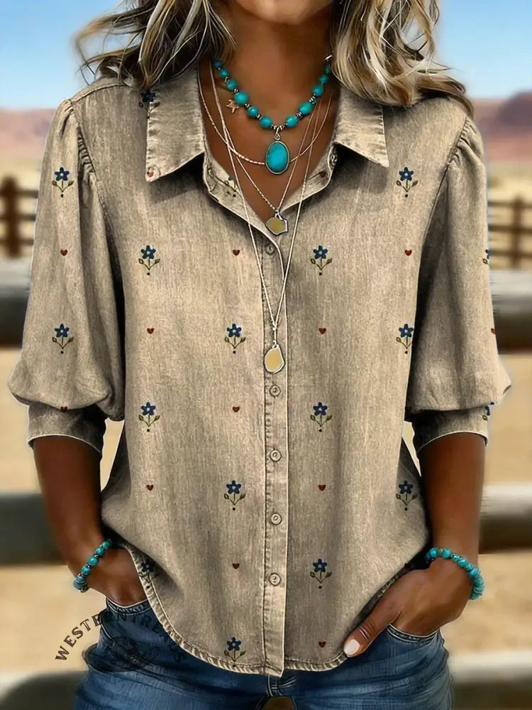 Women's Floral Casual Puff Sleeve Denim Shirt