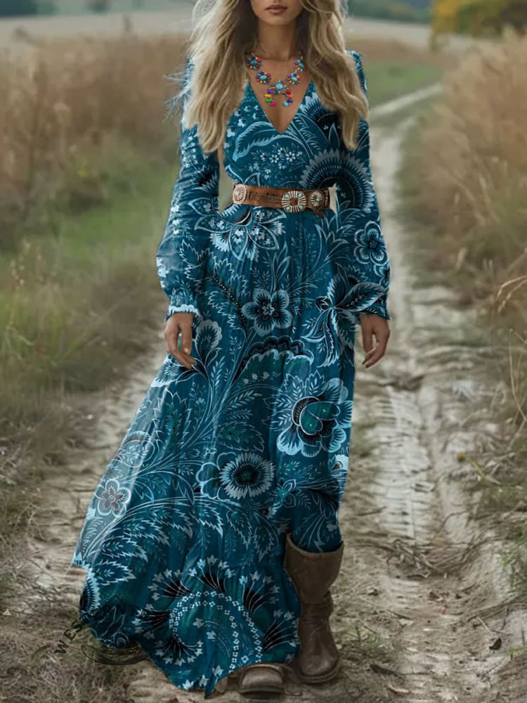 Women's Vintage Art Print Pocket Cotton Dress