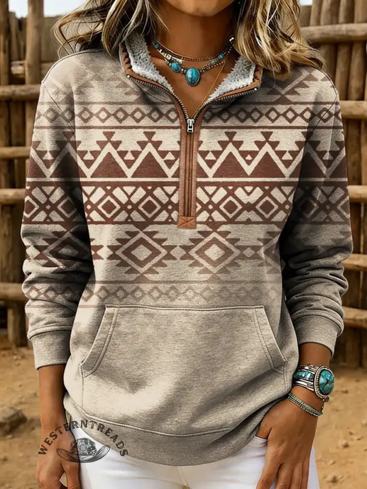 Vintage Aztec Print Casual Half Zip Cotton Sweatshirt