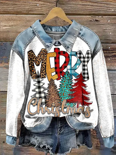 Women's Christmas Print Casual Denim Patchwork Sweatshirt