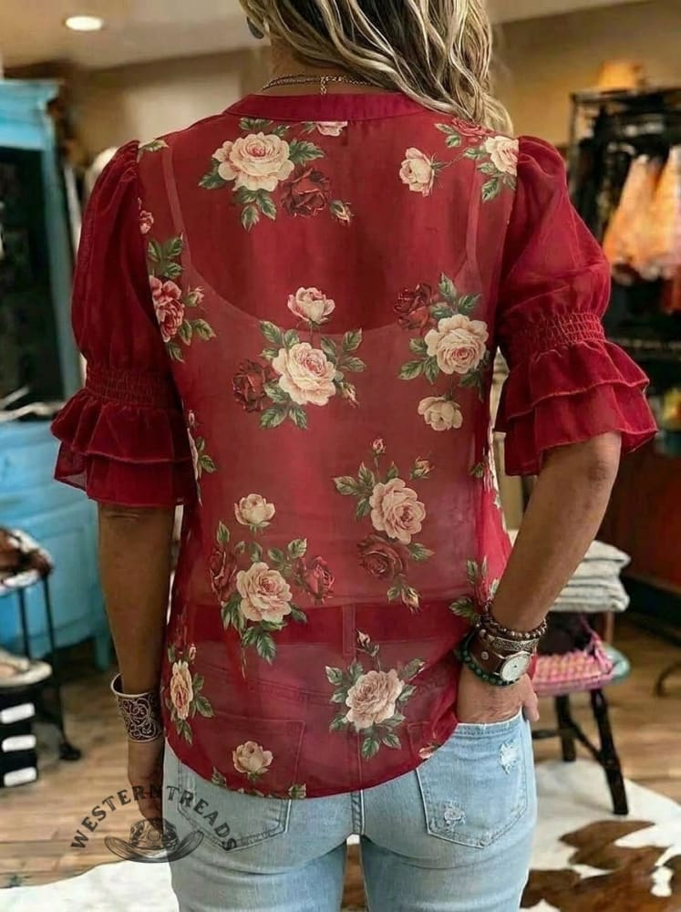 Women's Vintage Floral Print Casual Chiffon Ruffle Shirt