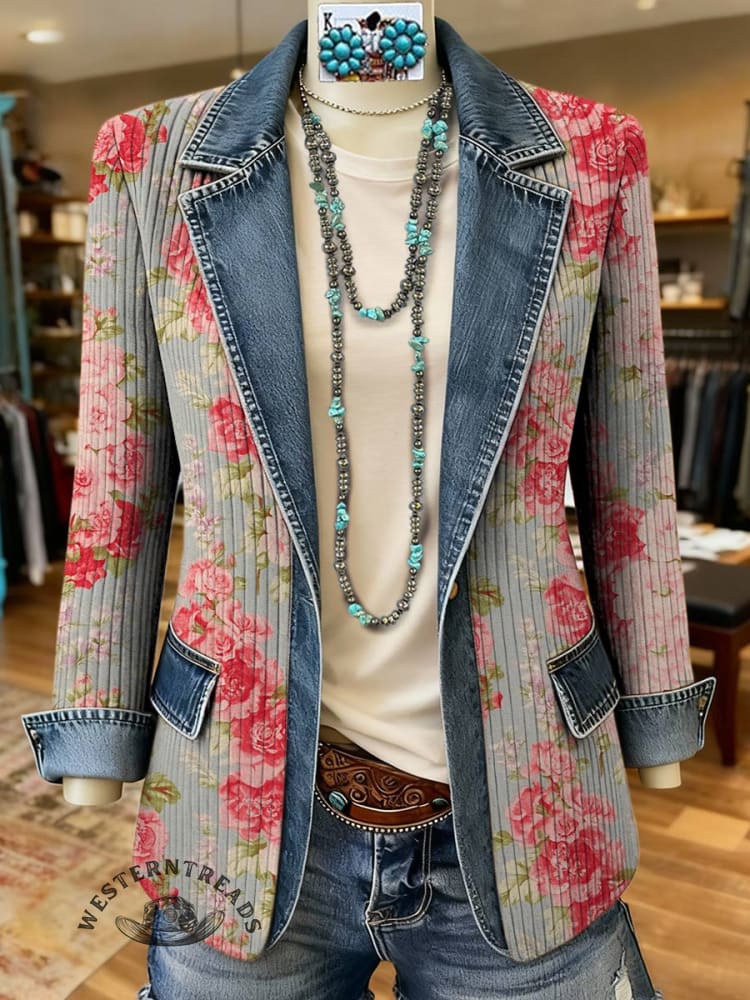 Floral Print Patchwork Denim Sweater