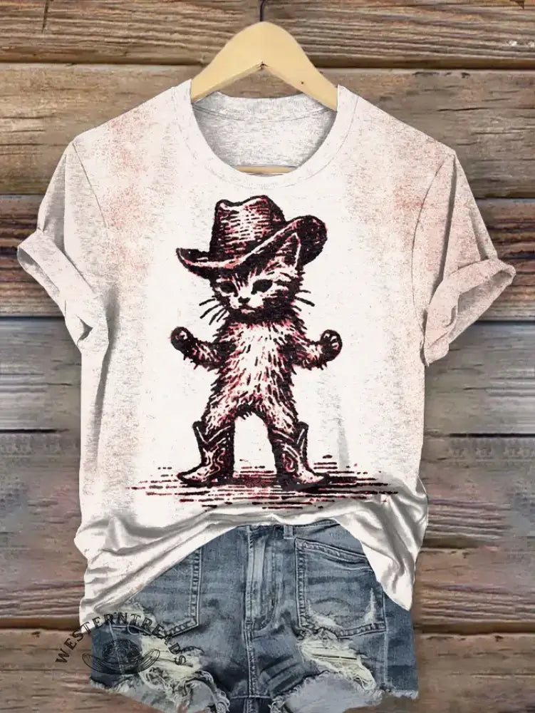 Vintage Cat Western Art Print T-shirt