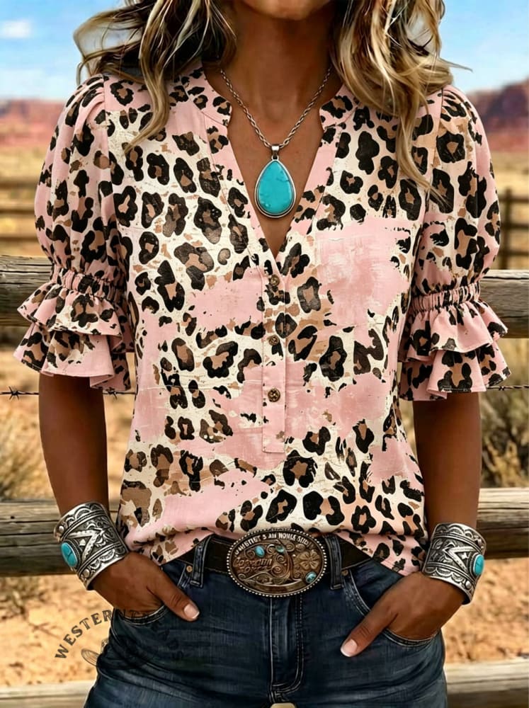 Women's Leopard T Print Puff Sleeve Casual Shirt
