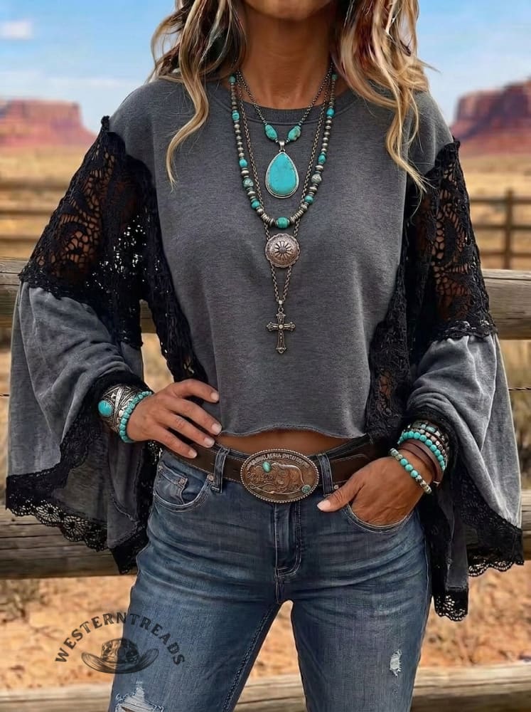 Women's Boho Western Lace Patchwork Top