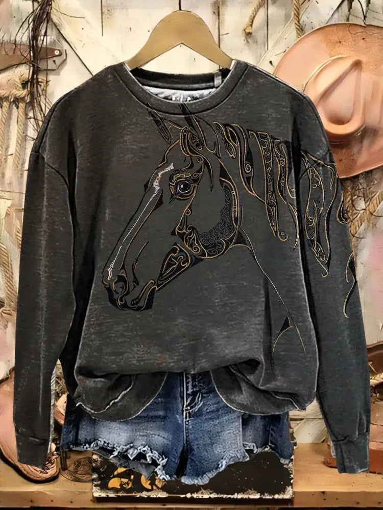 Retro Horse Pattern Casual Cotton Sweatshirt