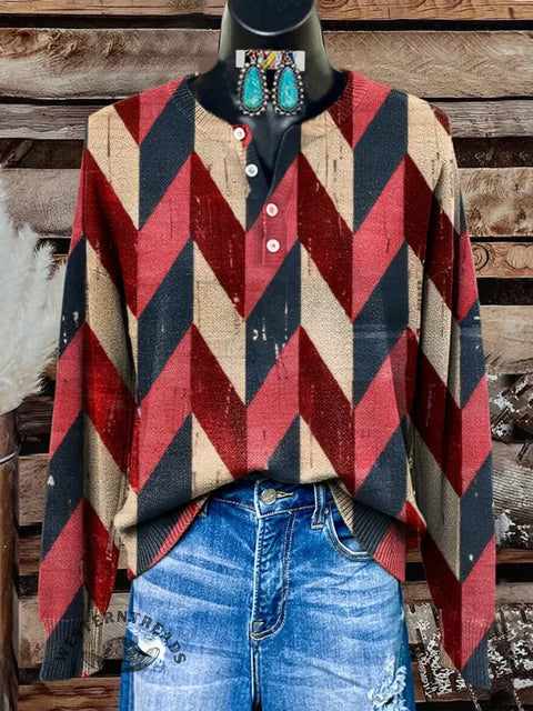 Retro Art Print Buttoned Cardigan Sweater