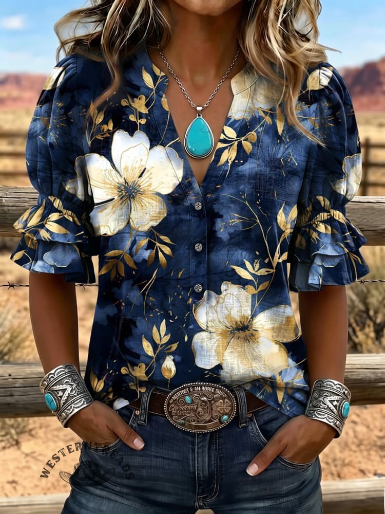 Women's Vintage Art Puff Sleeve Casual Shirt