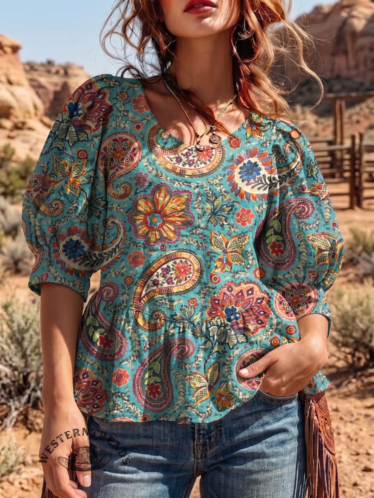 Women's Vintage Art Puff Sleeve Top