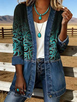 Women's Retro Printed Casual Denim Patchwork Knitted Coat
