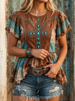 Women's Retro Western Art Print Casual Ruffle Shirt