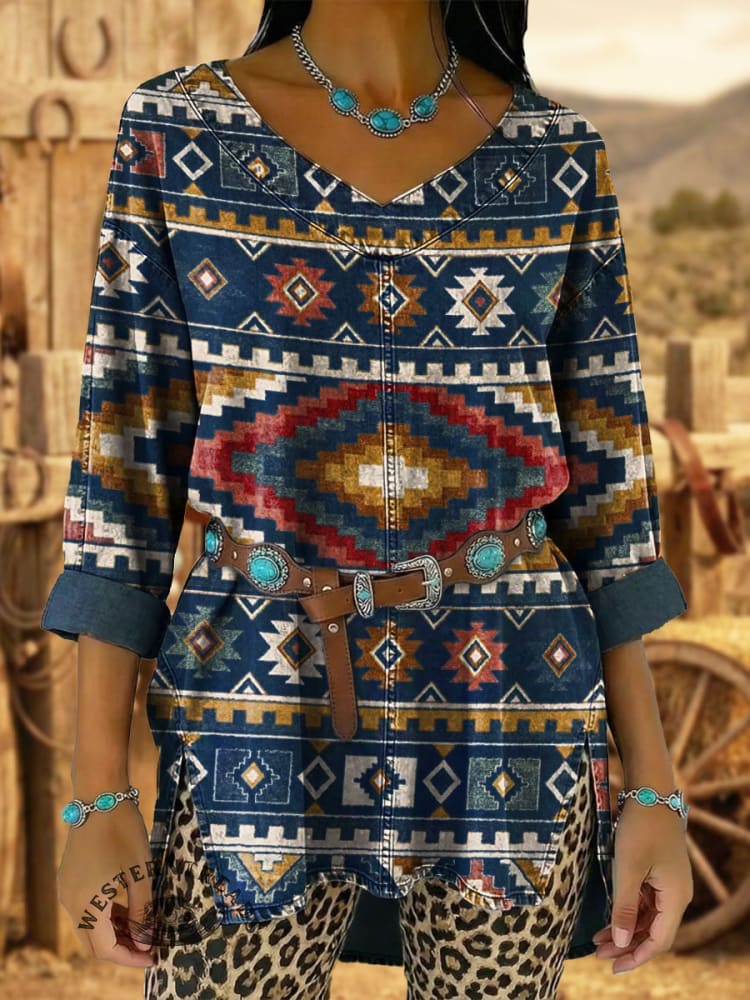 Vintage Elegant Denim Aztec Art Shirt