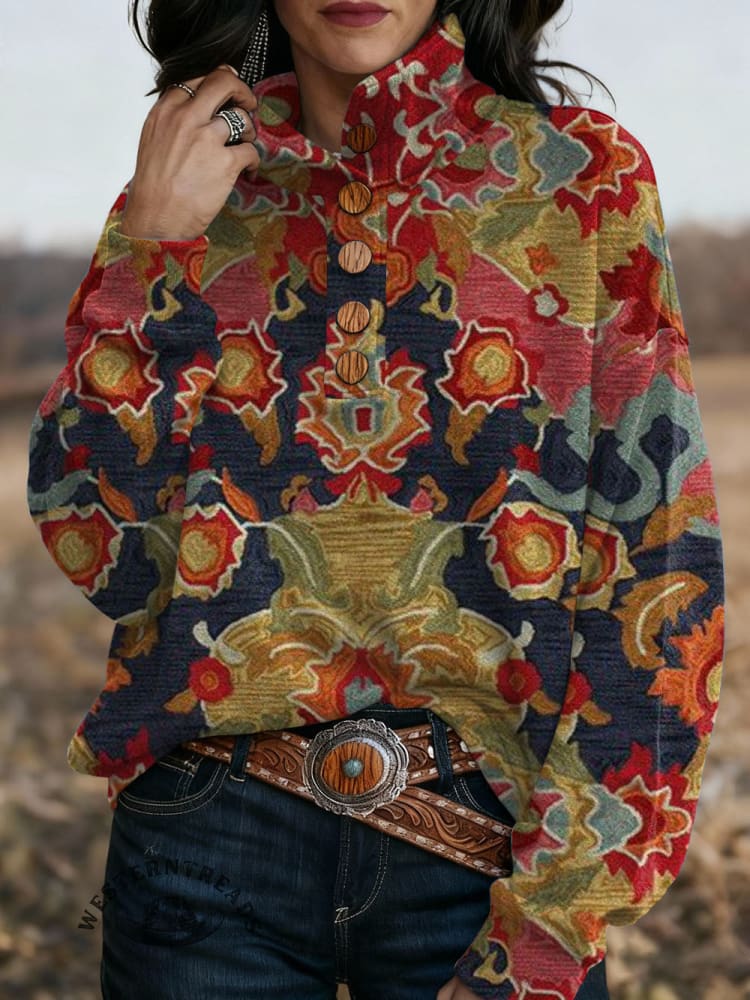 Retro Western Printed Button-up Sweatshirt