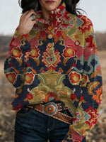 Retro Western Printed Button-up Sweatshirt