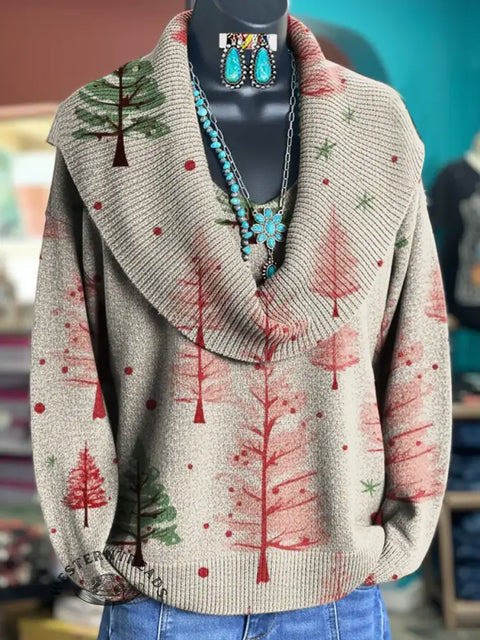 Christmas Art Print Cowl Neck Sweater