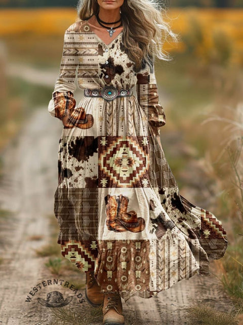 Women's West Print V-neck Button Pocket Cotton Dress