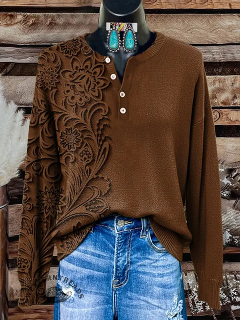 Retro Floral Art Print Buttoned Cardigan Sweater