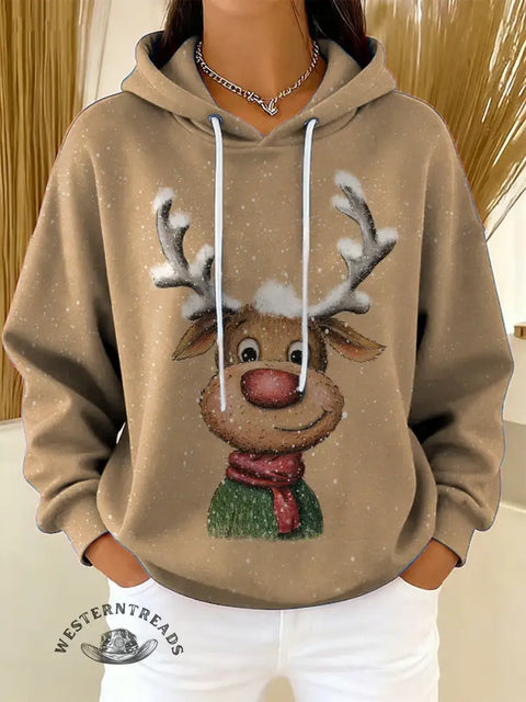 Christmas Reindeer Print Cotton Casual Hoodie Sweatshirt