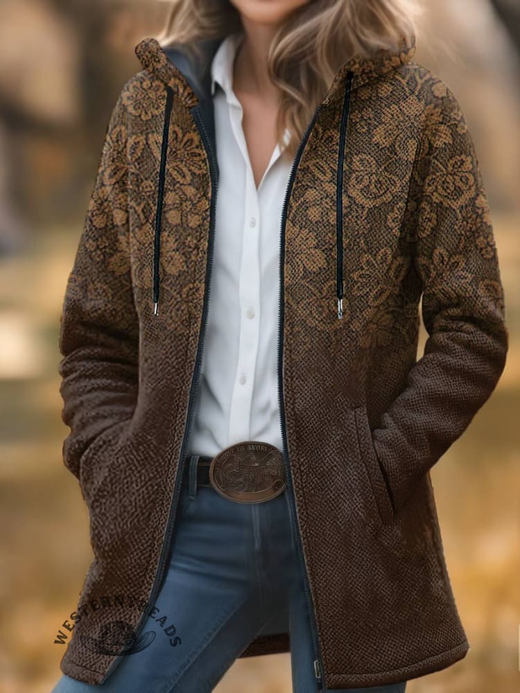 Floral Print Unisex Plush Thick Long-sleeved Cardigan Coat