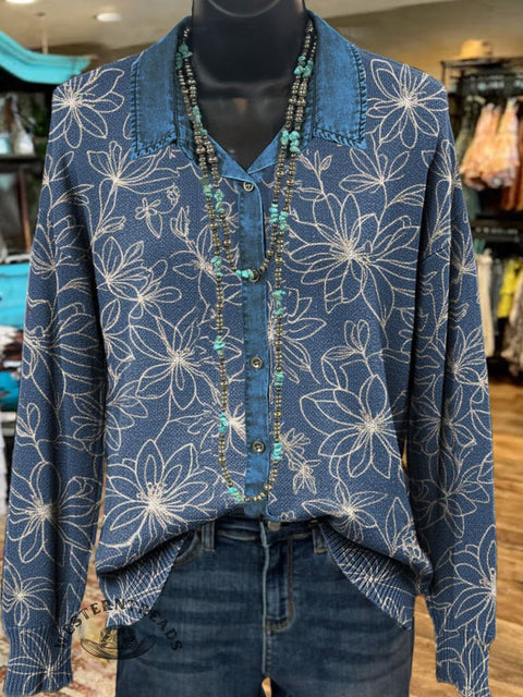 Denim Floral Polo Collar Button Cardigan Sweater