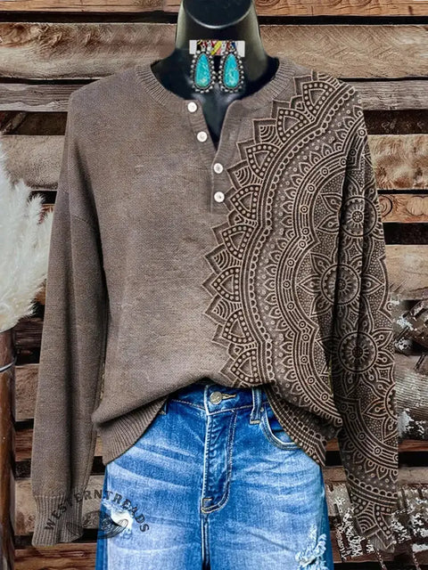 Retro Floral Texture Print Buttoned Cardigan Sweater